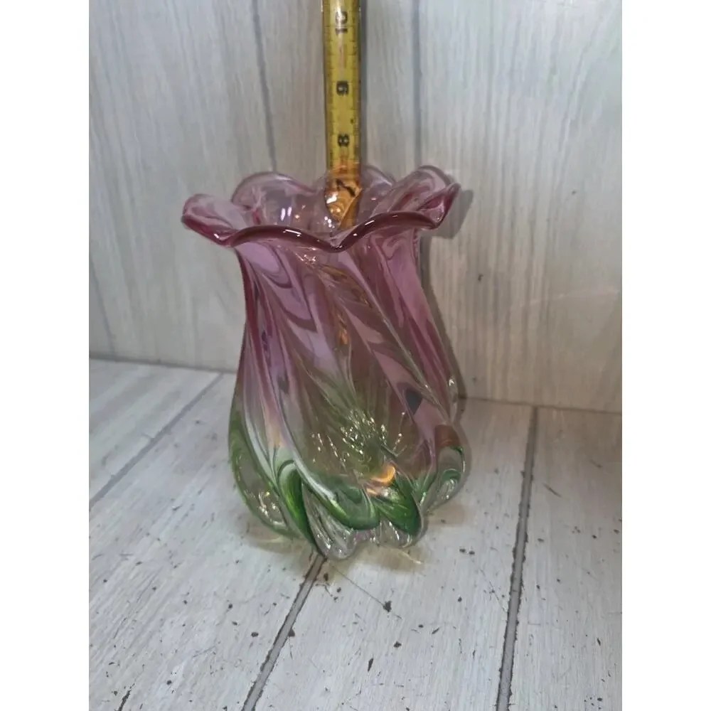 Vtg Hand Blown Swirl Watermellon Scallop Flower Glass Vase 7